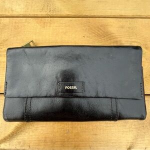 Fossil Black Leather 3 Section Flap Trifold Organizer Wallet